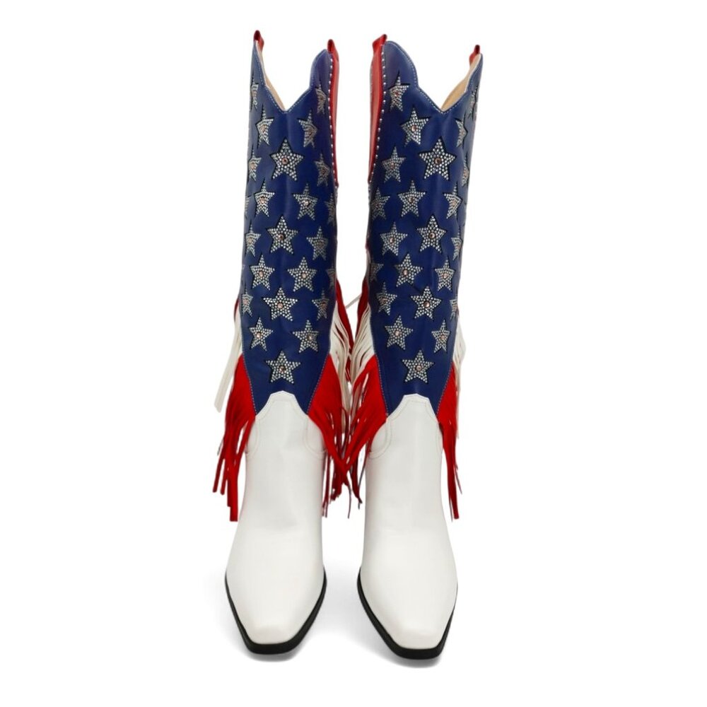 American Flag Size 11 Rhinestone Stars Fringe Knee High Block Heel Western Boot - Picture 11 of 16